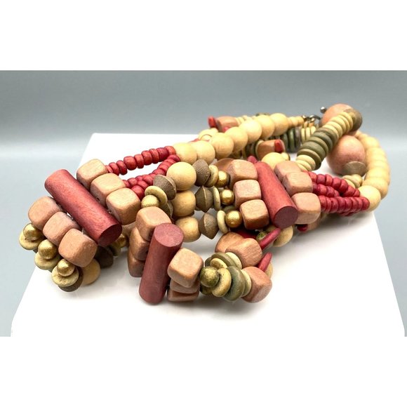 Muted Multi Strand Drape Necklace with Boho Wood Beads in Different Shapes - Picture 2 of 4